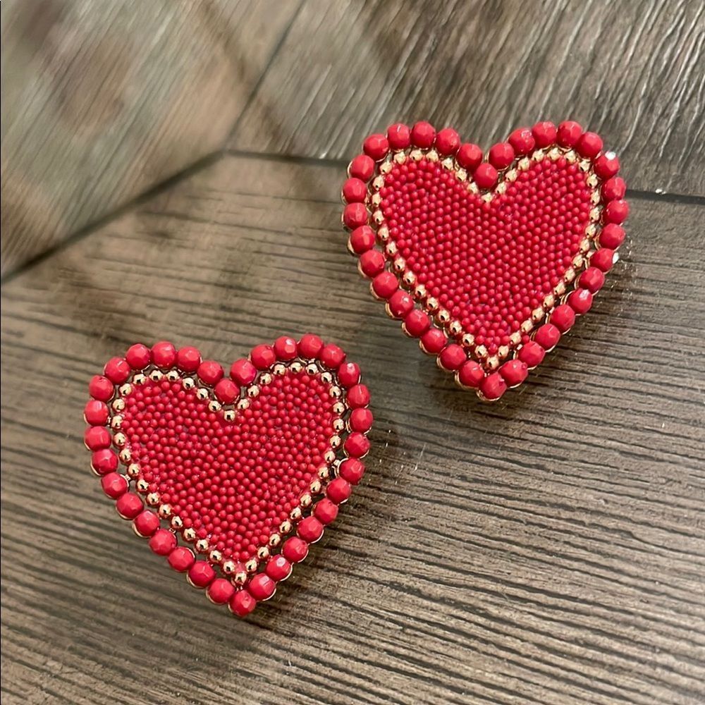 Red Beaded Heart Shaped Earrings & Gold -tone Details